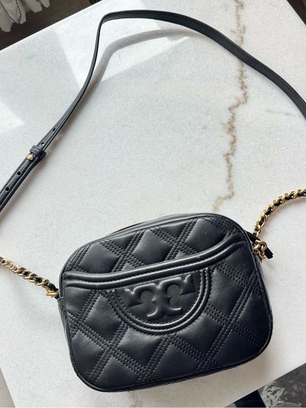 Tory Burch Fleming Quilted Soft black Leather  Camera crossbody Bag